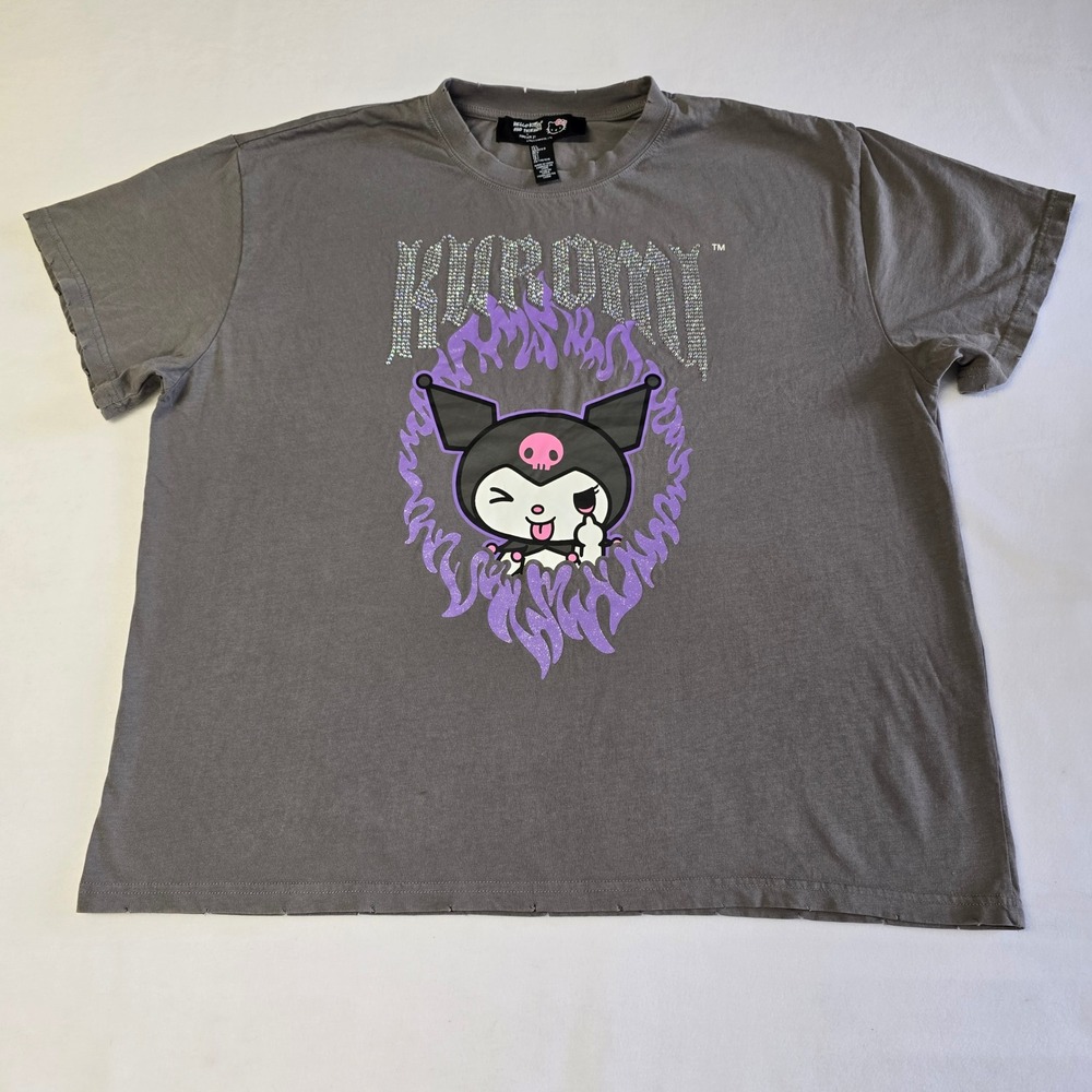 Forever 21 Sanrio Kuromi Graphic T-Shirt Grey Rhinestone Glitter Womens Large - Picture 3 of 8